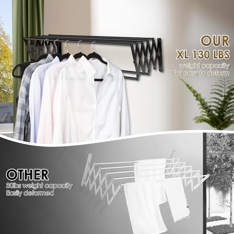 CAEXABO XL-31.5'' Wall Mounted Clothes Drying Rack, 130 lbs Large Capacity Rustproof Retractable Collapsible Drying Rack Easy Install with 7 Drying Rods, Space Saving Towel Clothes Rack for Laundry-Black - Image 5